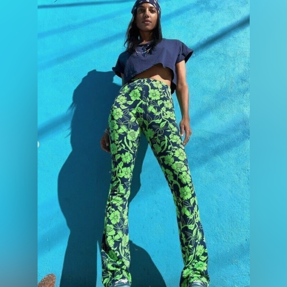 Zara Blue Neon Green Floral Jacquard Knit Stretchy Flare Pants